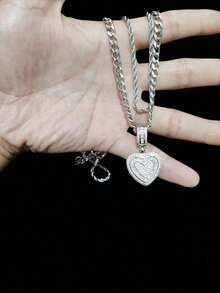 2pcs/Set - 1pc Cubic Zirconia Heart Pendant & 2pcs Stainless Steel Necklaces, Women's Hip Hop Pendant Necklace, Fashionable Retro Pendant Necklace, Suitable For Daily Wear Or Parties, Valentine's Day Gift 1YNA - 黃金 - 查看 8