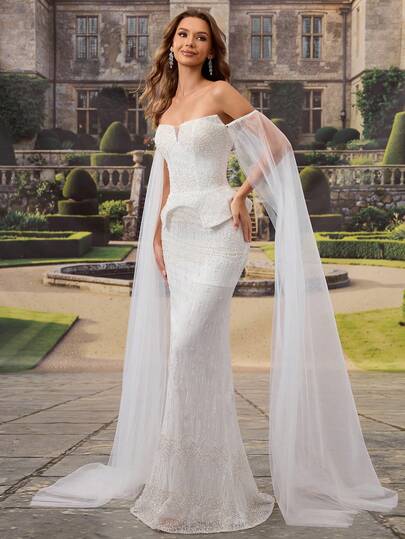 HEARBOBO Elegant Sequins Lace Embroidered Chiffon Patchwork Wedding Dresses Bridal With Train, For Graduation, Dinner, Engagement