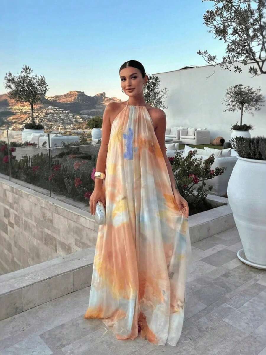 Tie-Dye Halter Straight Maxi Dress, Lightweight Breathable Chiffon Long Dress, Spring Summer Vacation, Date & Casual Wear Gradient Watercolor Halter Neck Maxi Dress, Flowy Chiffon Straight Dress, Perfect For Beach Vacation, Party & Evening Gala - 圖片色(25171) - 查看 1
