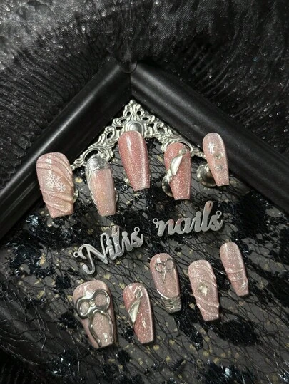 10pcs Long Coffin Type Handmade Women's Wearable Nail Stickers Fully Covered And Reusable Medium Viscosity, Pink Nails, Pink Cat Eye Color, Hand Drawn 3D Water Ripples, Hand Drawn Draws Bow Tie French Tip Nails Blooming Wealth, Y2K Sweet Girl Style, Christmas Nails Suitable For Women And Girls, With 1 Jelly Pad And 1 Nail File