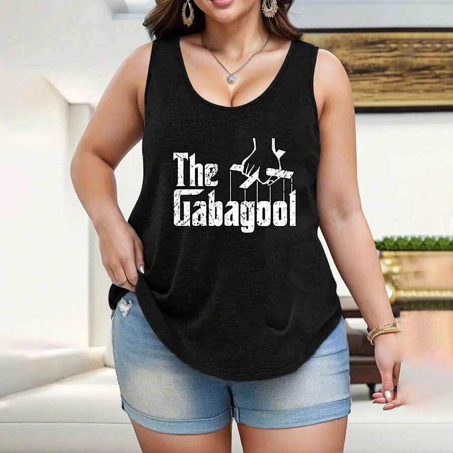 1111015+Funny Printed Men's T-Shirt, Letter Short Sleeve Men's Crew Neck Top-The GabagoolPlus Size Women's Basic Tank Top, Soft Breathable Fabric, Comfortable Stretchy Material, Figure Flattering Design, Loose Fit Style, Perfect For Daily Casual Wear, Home Lounge And All Season Matching - 黑色 - 查看 1