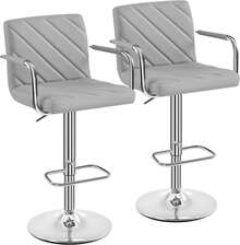 Barstools Set Of 2, Modern Height Adjustable Swivel Bar Chairs, Faux Leather Counter Stools With Backrest And Footrest - Light Grey With Armrest - View 9