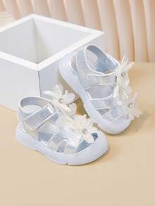 Infant Shoes/Toe-Covering Floral Crystal Hook And Loop Jelly Soft Bottom Sandals - Silver - View 3