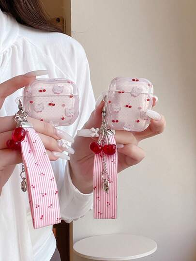 Polka Dot Cherry Cat Design Earphone Case Compatible With Apple Pro 3, Wireless Bluetooth 1/2, Pro 2, Shockproof Protective Cover, Korean Style For Women