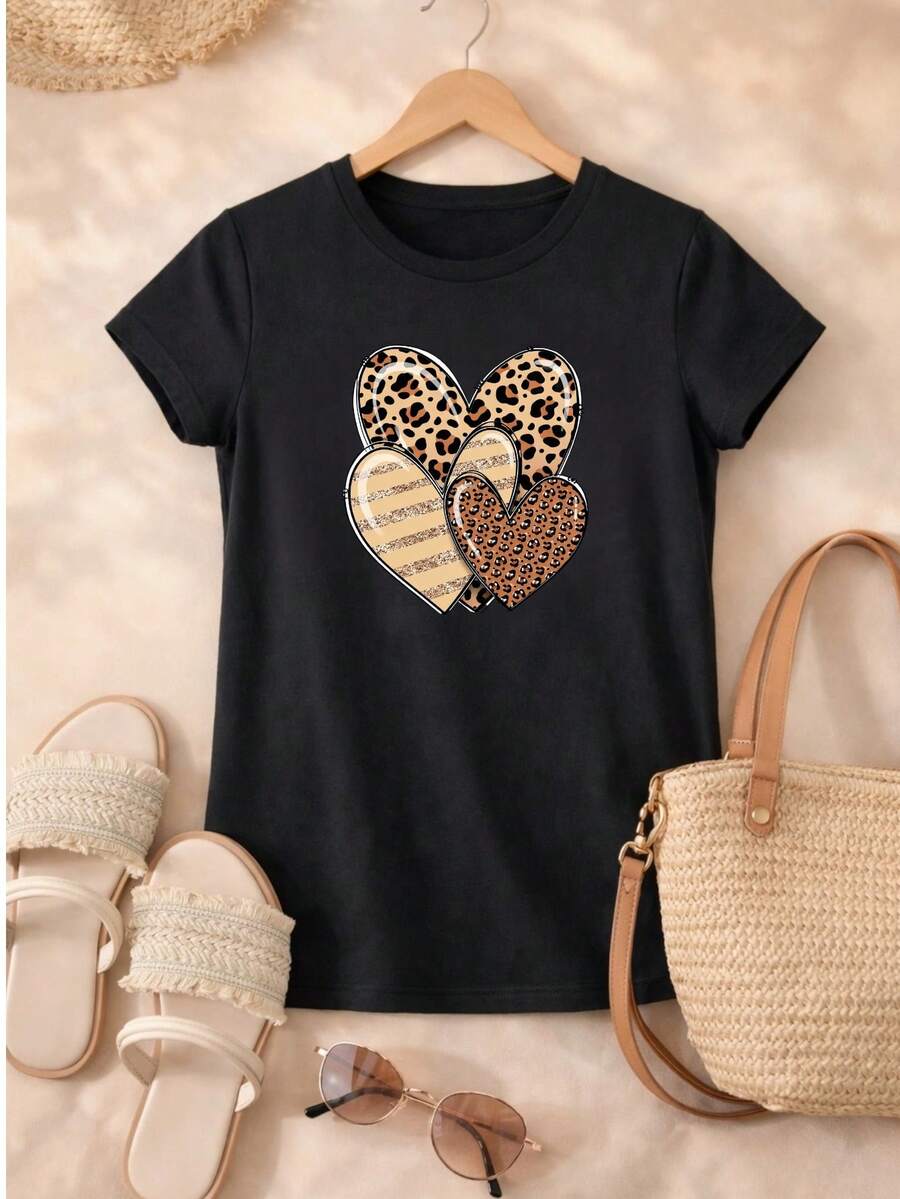 Women's T-Shirt Blouse With Heart Design, 100% Cotton, Animal Print Fashion - Svart - Visa 1