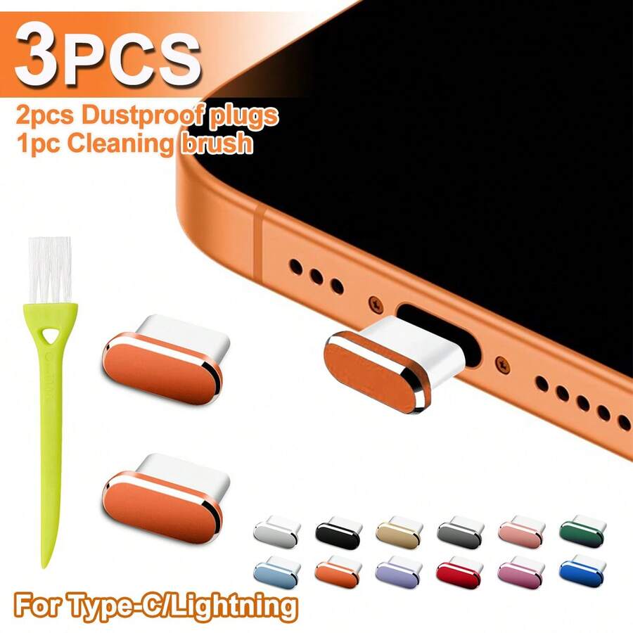 Set 3 Buah Penutup Debu Logam Termasuk 2 buah Penutup Debu Type-C/Lightning dengan 1 buah Sikat Pembersih, Penutup Debu Port Pengisian Lightning Kompatibel dengan iPhone 17 16 15 14 13 12 11 Pro Max, Pelindung Port Type-C Kompatibel dengan Semua Perangkat Type-C - MultiWarna - View 1