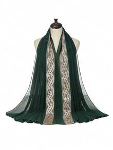 1 pieza Bufanda de mujer de unicolor con lentejuelas de strass y perlas de gasa, versátil y elegante nueva bufanda para la cabeza, chal protector solar para el uso diario - Multicolor - Ver 5