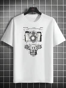 Camiseta de manga corta con estampado creativo de cámara en inglés,  de moda masculina, camiseta casual para vacaciones y campamentos, top cómodo de verano para días de descanso. - Blanco - Ver 1