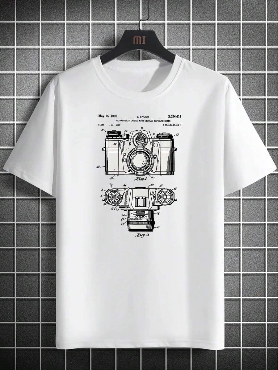 Camiseta de manga corta con estampado creativo de cámara en inglés, de moda masculina, camiseta casual para vacaciones y campamentos, top cómodo de verano para días de descanso. - Blanco - Ver 1