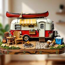 Red & White Retro Camper With Full Campsite Scene Magnet: Canoe On Roof & Yellow Awning, Wooden Deck With Campfire, Guitar, Cooler & Pots, Stone Path & Greenery – A Cozy Little Camping Base For Your Fridge - E - View 1