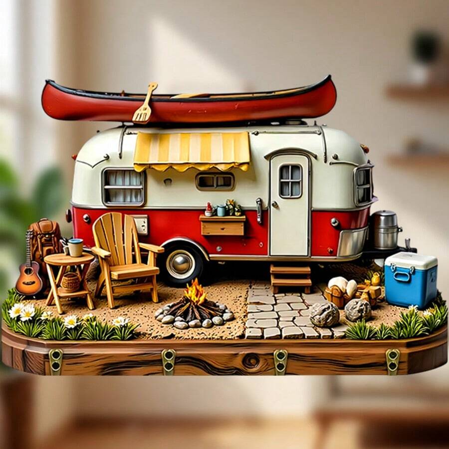 Red & White Retro Camper With Full Campsite Scene Magnet: Canoe On Roof & Yellow Awning, Wooden Deck With Campfire, Guitar, Cooler & Pots, Stone Path & Greenery – A Cozy Little Camping Base For Your Fridge - E - View 1