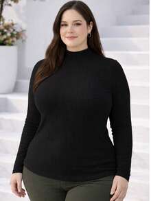 Women's Plus Size Long Sleeve Blouse With Medium High Ribbed Neck, Premium Comfortable Viscose - màu đen - Xem 1