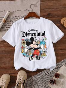 Disneyland Est 1955 Mickey Mouse Retro Theme Park Printed Pattern T-Shirts For Girls - Children's Clothing Design Short-Sleeved Casual And Cute Style Comfortable And Casual Wear All Year Round Suitable For Parties And Play Machine Washable Gift Children's Clothing Girls' Short-Sleeved Shirts - White - View 2