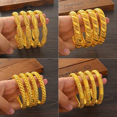 Bộ 4 chiếc vòng tay vàng cổ điển 68mm, thiết kế rỗng, trang sức cưới phong cách châu Phi, quà tặng cho cô dâu.