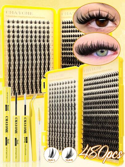 384/480/544pcs - 8-18mm Cartoon C-Curl Realistic False Eyelashes, DIY Natural Eyelashes, Wet Tip Anime Fake Lashes, Large Capacity DIY Eyelash Extension Kit, Suitable For Beginners Daily Makeup