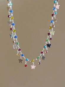 1 pieza Collar de cadena con colgante de mariposa con diamante de imitación de colores de moda para el verano para mujeres (combinación de colores de diamante de imitación al azar) - Multicolor - Ver 3