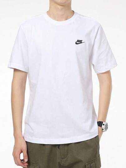  Nike 字母Logo刺繡小鉤純色時尚運動服休閒圓領短袖T卹 男款 白色