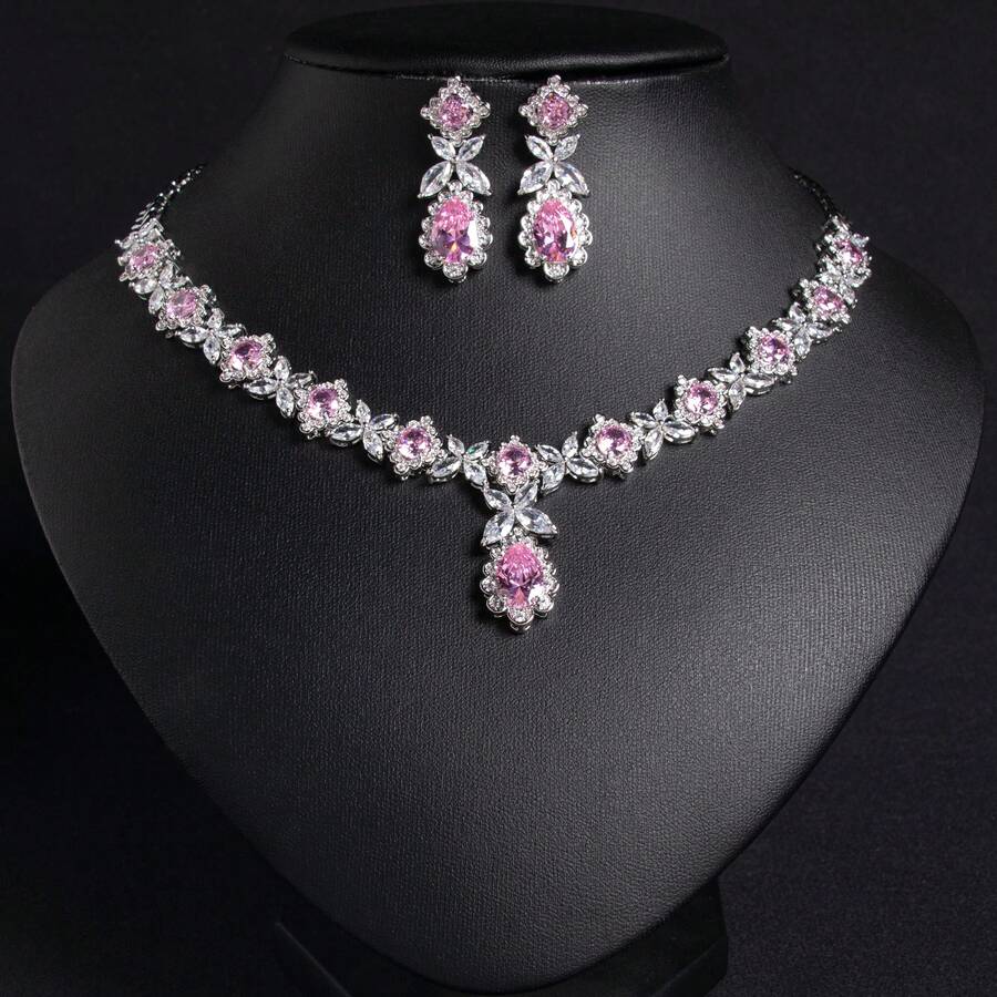 1set Conjunto de joyería de moda para mujer, incrustado de circonita, aretes, collar, adecuado para mujer/novia vacaciones/fiesta|boda/banquete|regalo - Conjunto de joyas - Ver 1