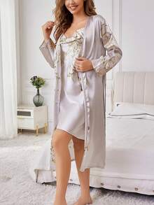 2pcs Women Elegant Floral Leaf Print Lightweight Silk Sleepwear Set, Includes Tie-Waist Long Robe & Spaghetti Strap Nightgown, Loose Fit Robe With Draped Neck Short Dress, Comfortable & Sexy Loungewear - Xám - Xem 3