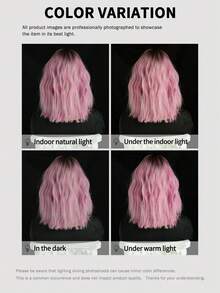 7JHH WIGS Short Wavy Ombre Pink Wigs For Women 14 Inch Shoulder Length Bob Curly Wavy Middle Part Wigs With Curtain Bangs Dark Roots, Natural Synthetic Heat-Resistant Fiber Hair For Daily Cosplay Party Use ( Straight Hair Ends ) - Pink - View 8