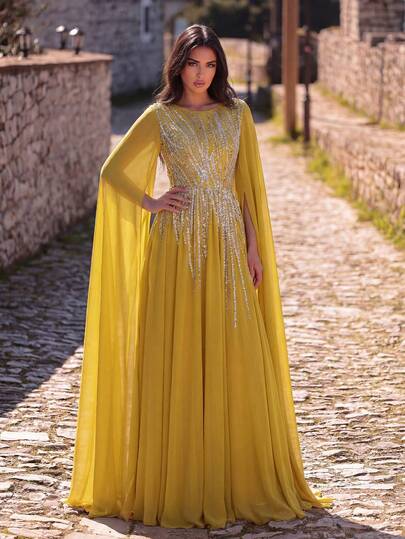 Faeriesty Abaya con elegantes adornos de perlas y mangas de chifón con lentejuelas, combinada con una falda de línea A fluida - Ideal para bodas, galas, ceremonias de premios y eventos de alfombra roja