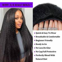 ZHENDEFA Kinky Straight Half Wig Human Hair 3 In 1 Seamless Flip Over Half Wigs For Women Ready To Go Headband Wig 180% Density Drawstring Kinky Straight Half Wig Glueless Natural Black - SNatural - View 5
