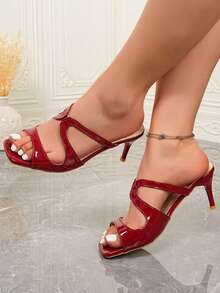 2026 Summer Burgundy Patent Leather High Heel Mules, Square Toe Open Toe Slip-On Sandals - Burgundy - View 2