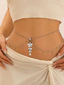 1 chiếc dây đeo rốn hình hoa, giọt nước, bướm đính đá Zirconia bằng đồng, dây đeo eo tua rua đính đá lấp lánh gợi cảm kiểu bãi biển, thích hợp để đeo hàng ngày. - Bạc - Xem 2