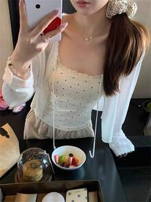 Vacation Style Sheer Lace Trim Cardigan, Casual Sweet Lace Trim Open Front White Semi-Sheer Tie Front Knit Cardigan/Lightweight Long Sleeve Outerwear - White - View 7