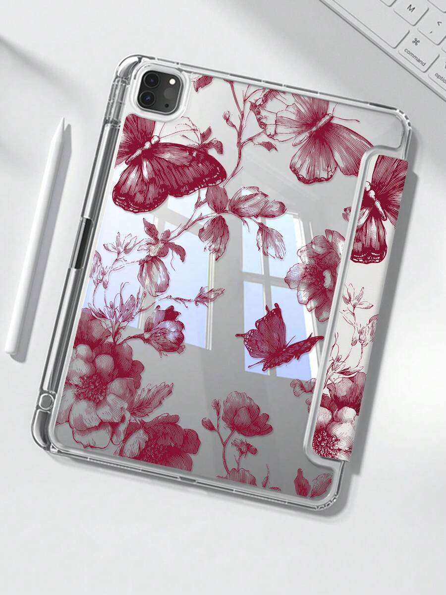 Una funda trasera de cristal transparente acrílico con un lindo patrón de flores y mariposas de dibujos animados, a prueba de golpes, adecuada para iPad de 7.a, 8.a y 10.a generación (10.2 pulgadas), con ranura integrada para lápiz, compatible con la función de suspender/activar, una opción de regalo ideal - Multicolor - Ver 1