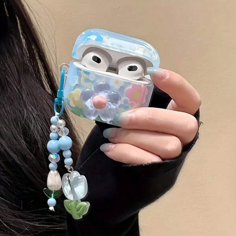 1pc New Cute 3D Blue Flower Earphone Protective Case, Compatible With Apple 1/2/Pro/Pro 2/Pro 3/3/4, Bluetooth Wireless Earphones, Adorable Cartoon Design For Halloween, Christmas, Valentine's Day, Thanksgiving, Kawaii Style, Popular Phone Accessories, Essential For Daily Use, School, Travel, Couples, Shopping, Cafe, Great Gift For Young Women And Teenagers (Earphones Not Included)
