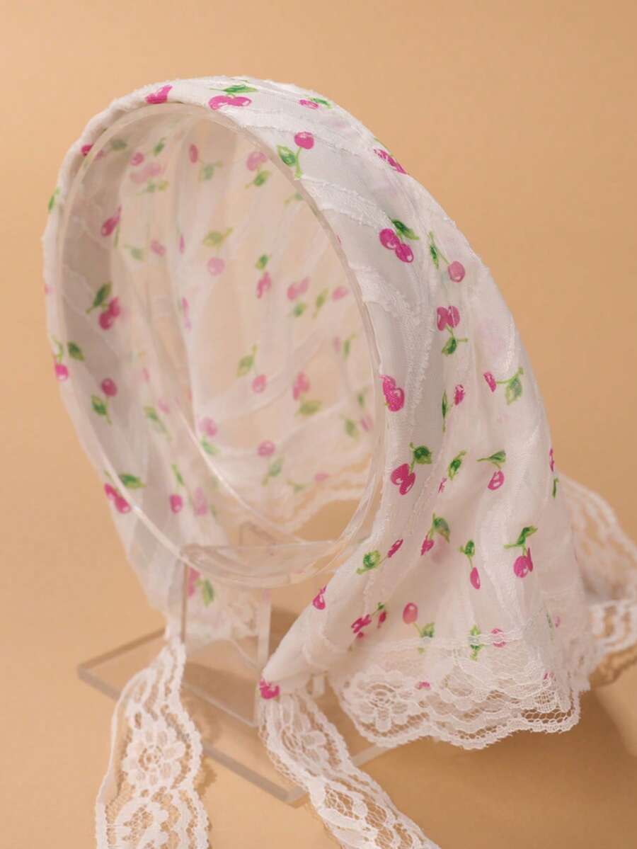 1 pieza Conjunto de diadema y pañuelo con estampado floral de estilo campestre, diadema de encaje con estilo francés para verano, banda para el cabello - Cereza morada - Ver 1