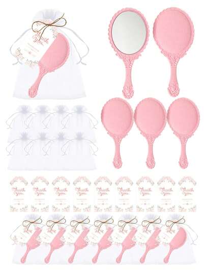 16pcs Elegant Retro Floral Pattern Hand Mirror Set, Includes Thank You Card And Drawstring Bag; Bachelorette Party Princess Mirror Favors, Wedding Seating Decor, Guest Welcome Gifts, Bridesmaid Makeup Gifts, Wedding Event Decorations, Bridal Shower Favors, Sleepover Party Gifts