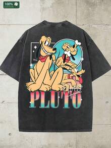 Disney-American Retro Washed Vintage Heavyweight T-Shirt | Disney Pluto PLUTO Multi Grid Comic Gradient Print Loose Short Sleeved Shirt - 黑色 - 查看 3