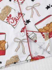 Mother's Day Gift For Mom Cute Fast Food Print Pajama Set, Short Sleeve Button Up Shirt And Elastic Waist Shorts, Soft Comfortable Loungewear Sleepwea - 白色 1 - 查看 5