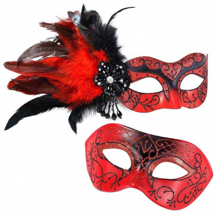 Couple Masks - Shiny Metal Wire Raspberry Crystal Venetian Mask, Men's Masquerade Mask (Handmade Mask, Line Drawings May Have Slight Variations But Won't Affect Usage) - Red 02 - View 1