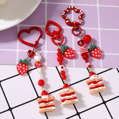 1pc Sweet Strawberry Cake Red Heart Beaded Keychain, Girly Faux Dessert Accessory, Gift For Best Friend