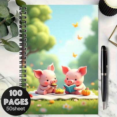 100-seitiges süßes Schwein Illustration Spiralbuch, große Kapazität. Der Umschlag zeigt zwei Schweine, die ein Picknick genießen und lesen, heilende Kunst. Geeignet für Arbeitsaufzeichnungen, Studiennotizen, tägliche Planung und als sinnvolles Geschenk zur Graduierung oder zum Geburtstag. Angenehmes Schreiben begleitet Ihre inspirierenden Momente.