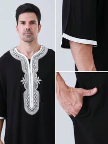 AL HARAMAIN Men's Black Moroccan Style Robe, Featuring Muslim Pattern Embroidered Pocket Decoration, 3/4 Sleeve, Suitable For Festival Formal Wear And Daily Traditional - Black - View 4