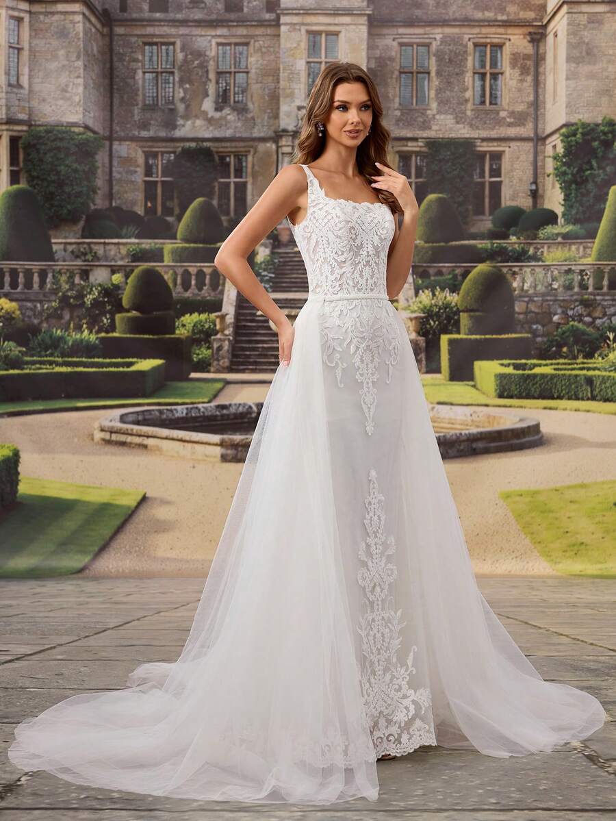 HEARBOBO 优雅复古白色蕾丝贴花美人鱼婚纱，带拖尾，春季款