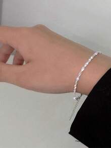 1 Pc Glittering Dainty Wristband, Women's Shiny Chain Accessory - Silver - View 2