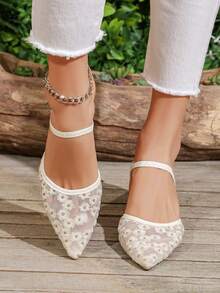 2026 Spring New White Mule Heels, Women's Pointed Toe Lace Embroidered Slip-On Sandals, Elegant Ladies High Heels, Suitable For Elegant Party And Wedding - White - View 2