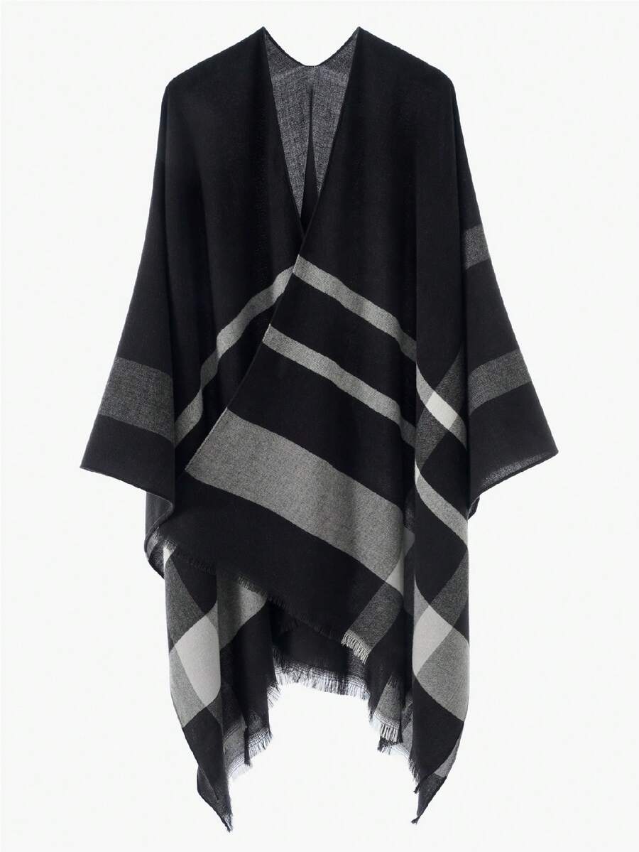 1 chiếc áo choàng nữ màu trơn giả cashmere có tua rua, cổ áo choàng rộng rãi, ấm áp, thích hợp đi biển, đi nghỉ mát.