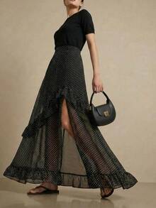 EARO Flowy Polka Dot Print Maxi Dress, Women's Chiffon Fabric, Elastic Waist, Casual Summer Long Dress, Non-Stretch, Fashion Versatile Elegant - Black - View 4