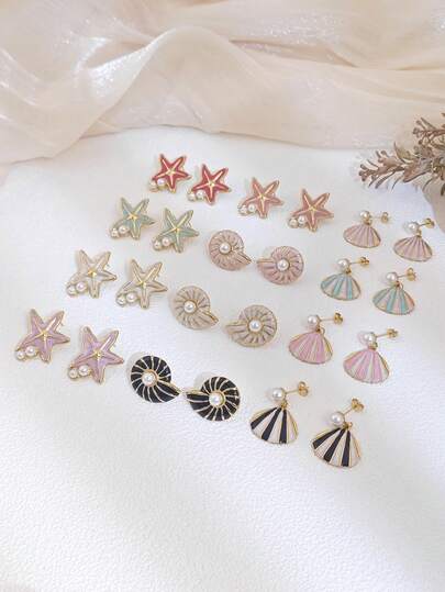 6 Pairs Multiple Marine Lfie Earrings Women ,Starfish Shell Conch Pearl Stud Earrings For Women,Summer Beach Jewellery For Women ,Colorful Gold Earring,High-End Versatile New Oil Drop Stud Earrings,Stainlees Steel Jewellery For Women,Elegant Gifts For Women,Festival Accessaries,Holiday Accessaries,Green Earrings,Red Earrings,Black Earrings Mothers Day Easter Gifts,Daily,Wedding Party Chunky Jewelry For Women