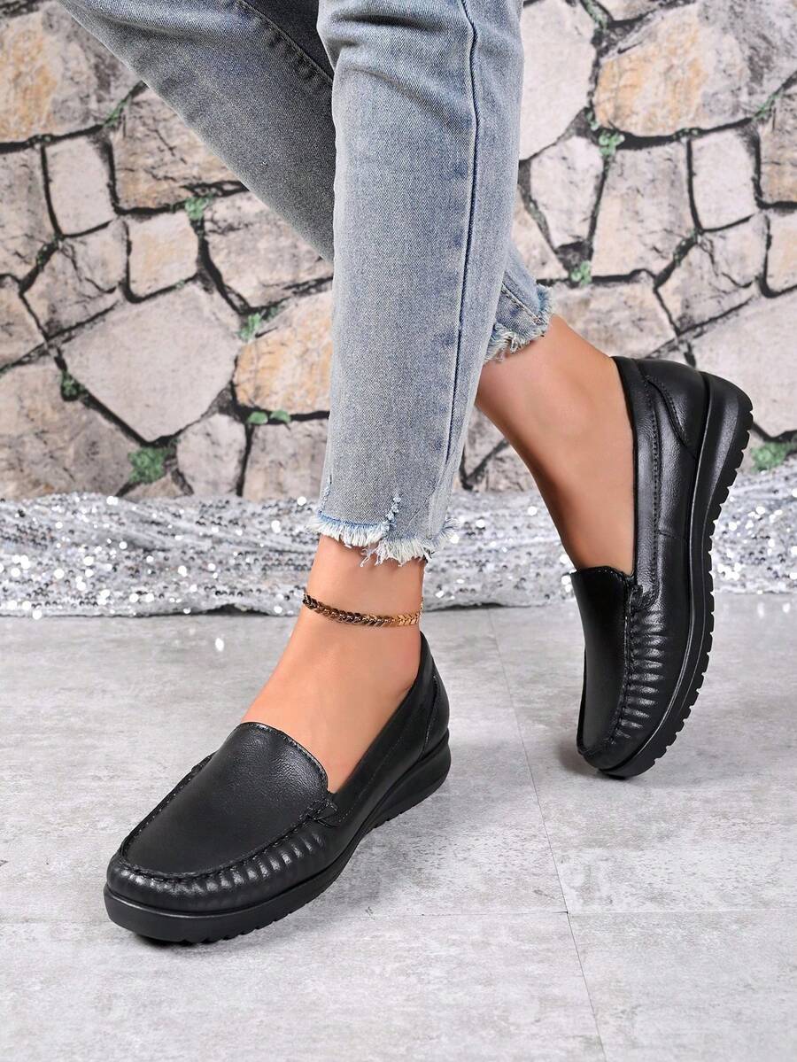 Women's White Non-Slip Casual Loafers - Black-1 - View 1