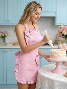 Women's Pink Kitchen Apron - Neck Tie Apron, Ruffle Trim Apron, Bow Heart Pocket, Easy Clean Cooking Apron, Cute Baking Apron, Mother's Day Gift, Valentine's Day Gift - A - View 7