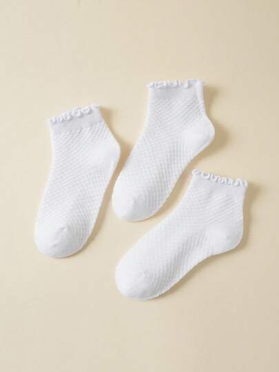 3pcs Solid Color Lace Rhombus Kids Socks, Comfortable Versatile Student Socks, Suitable For Dresses