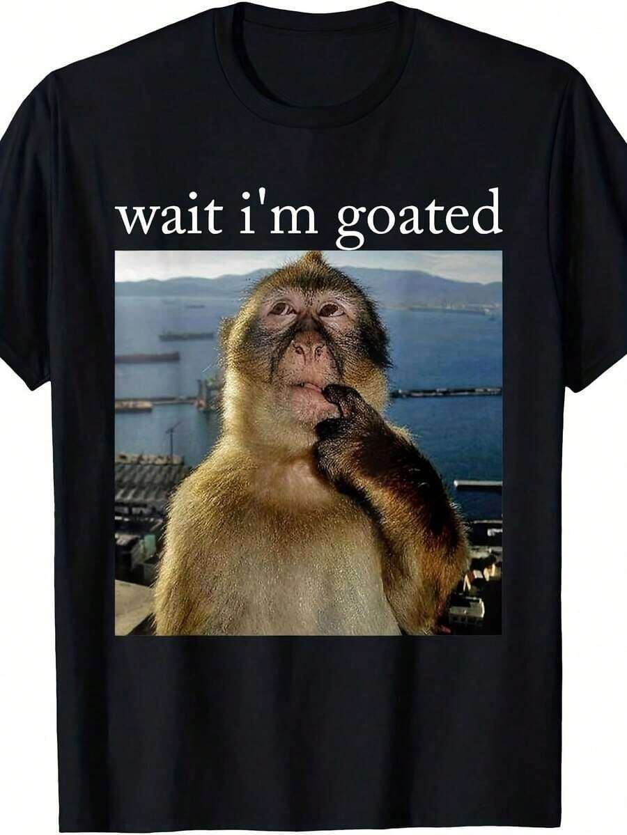Brainrot Gift Men Funny Wait I'M Goated Monkey Graphic T-Shirt Casual Short Sleeve Round Neck Tee With Humorous Print Comfortable All-Season Shirt For Parties Beach Casual Attire Ideal Gift For Men - Black - View 1