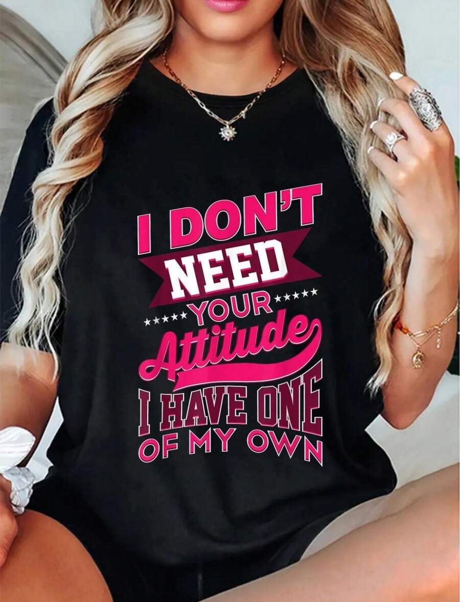 Wo'S Funny Saying T-Shirt  Bold Pink Text I Don't Need Your Attitude I Have One Of My Own - Black Shirt With Stars Soft Everyday Tee For Women Machine Washable Casual Top Funny Birthday Workplace Gift Idea - 黑色 - 查看 1
